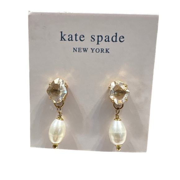 kate spade Jewelry - Kate Spade New York Crystal and Faux Pearl Drop Earrings Gold Tone Studs